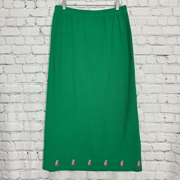Quacker Factory Green Long Maxi Skirt Womens Size L Embroidered Hem Cotton - Picture 1 of 9